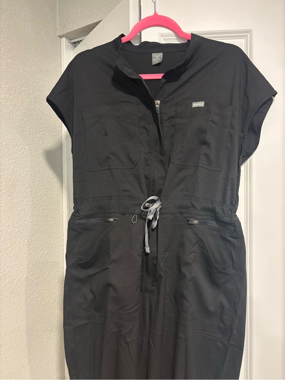 Black Short-Sleeve Utility Jumpsuit with Drawstring Waist - Picture 4 of 7
